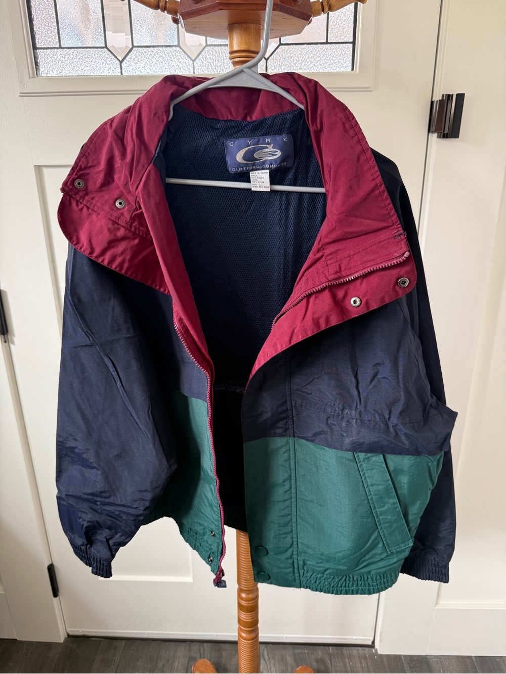 Vintage 1990’s- Men's L- Colorblock Windbreaker Jacket in Navy, Burgundy & Green